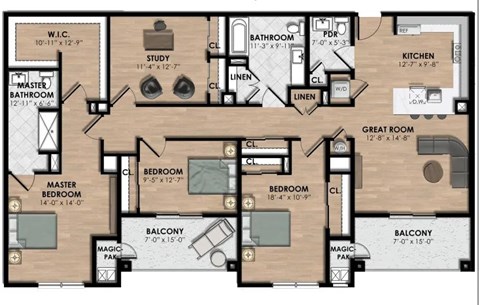 Three bedroom two and a half bath apartment with den plus balcony